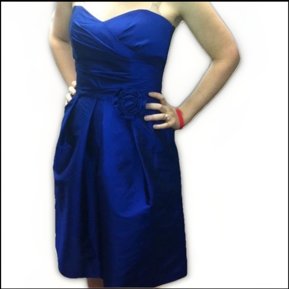 Alfred Sung Electric Blue Satin Strapless Formal Gown Dress Front Pleats Size 20 - Picture 1 of 16